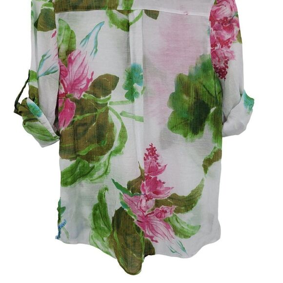 Vintage Tropical Gauze Beach Coverup Top Blouse XL White Floral Tab Sleeve Aloha - Picture 9 of 13